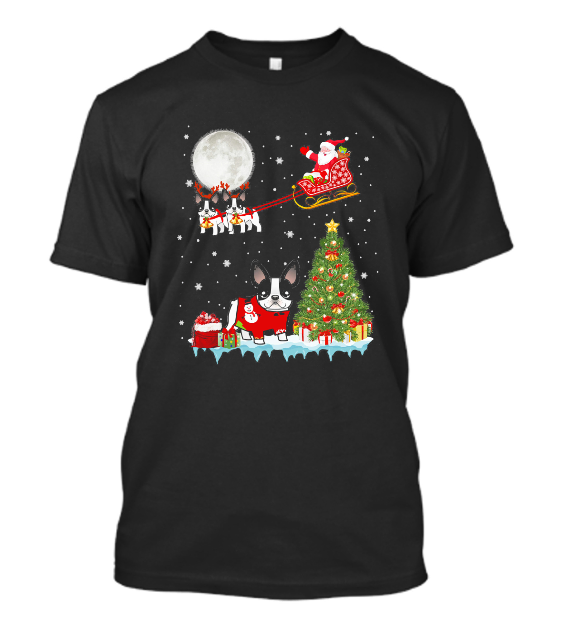 Santa Sleigh French Bulldog Reindeer Christmas Tree Holiday Fun T-Shirt