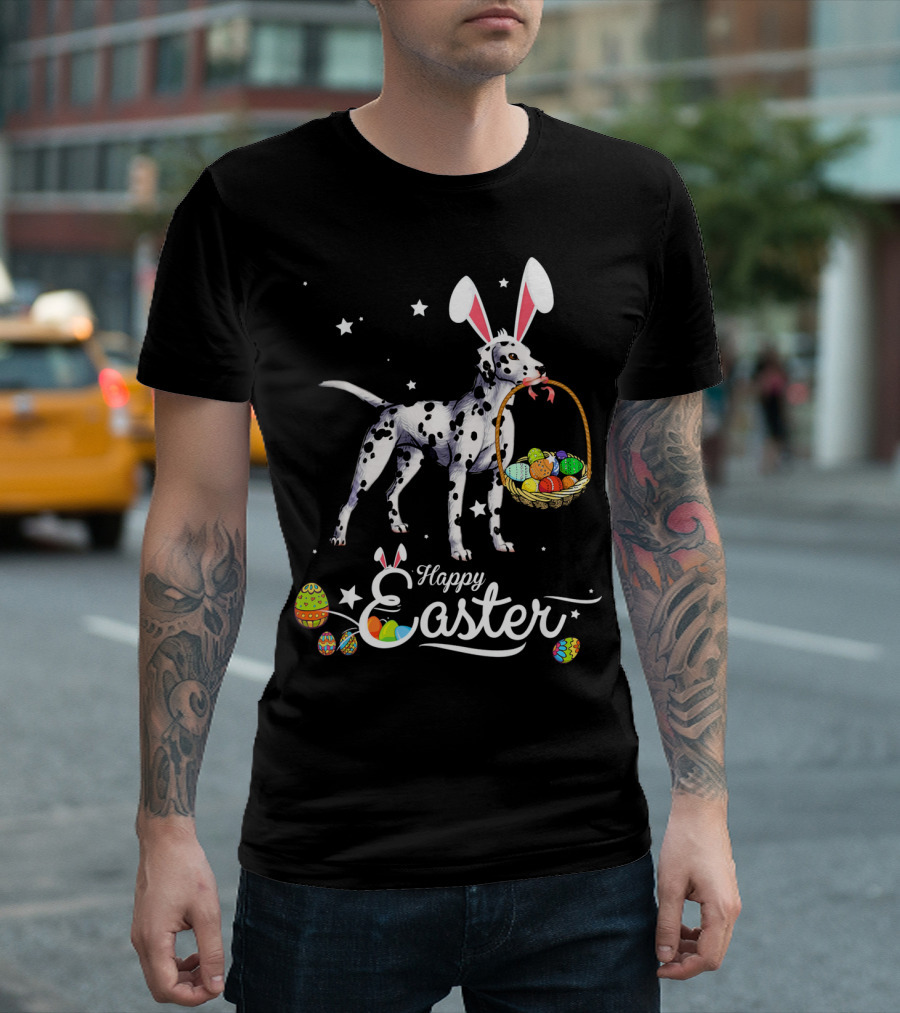 Funny Dalmatian With Bunny Ears And Eggs Happy Easter T-Shirt