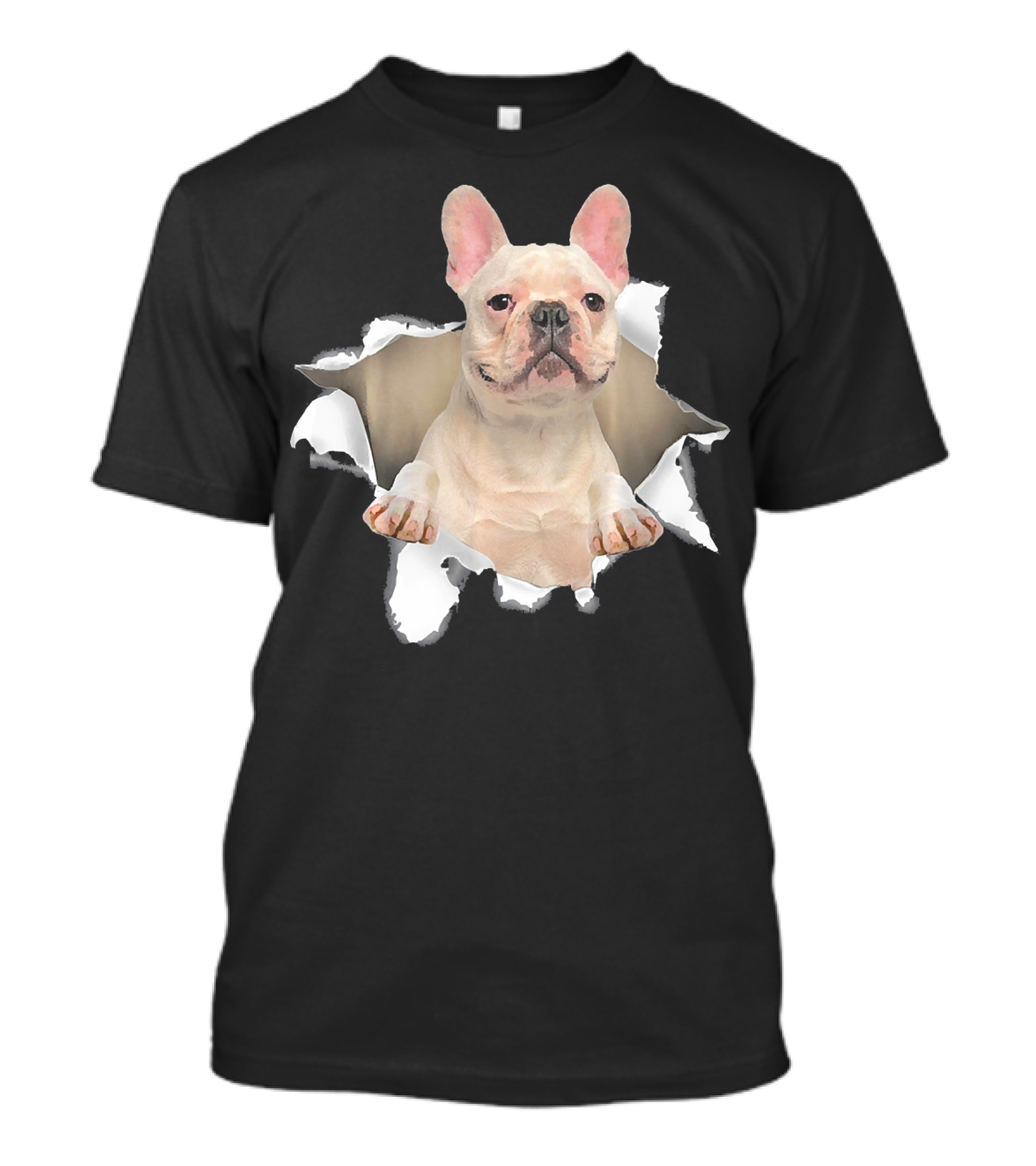 French Bulldog Emerging From Torn Hole Background T-Shirt