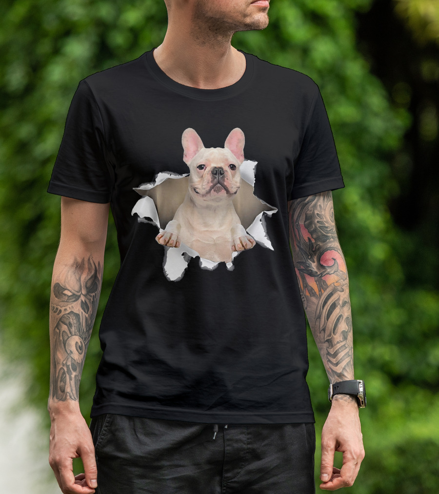 French Bulldog Emerging From Torn Hole Background T-Shirt