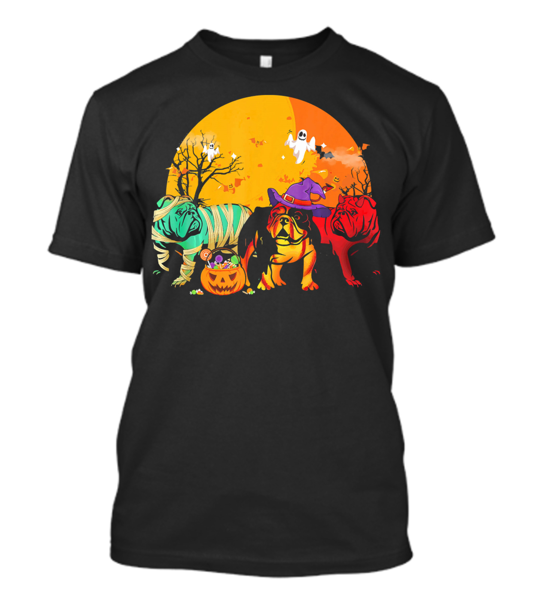 Halloween Funny English Bulldog Trio With Ghosts And Candy Pumpkin T-Shirt