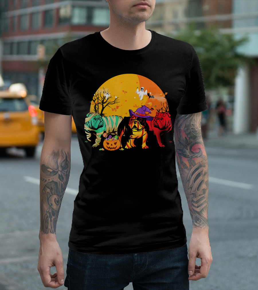 Halloween Funny English Bulldog Trio With Ghosts And Candy Pumpkin T-Shirt