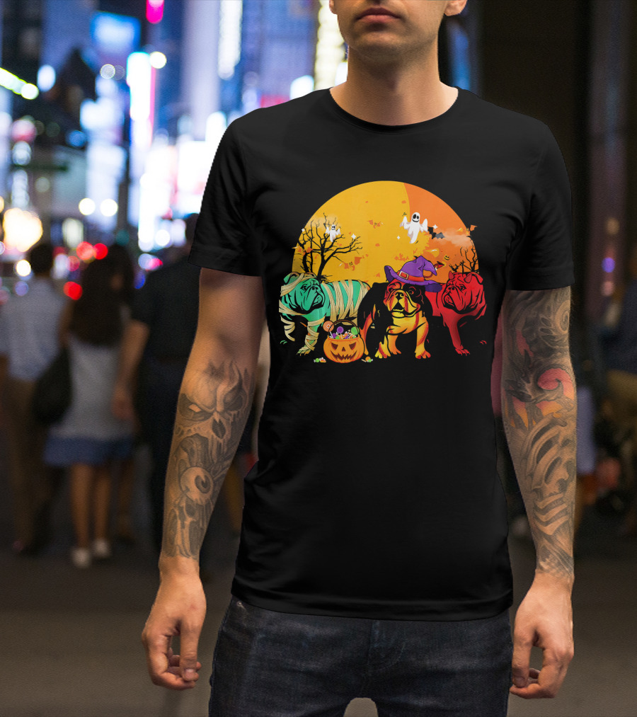 Halloween Funny English Bulldog Trio With Ghosts And Candy Pumpkin T-Shirt