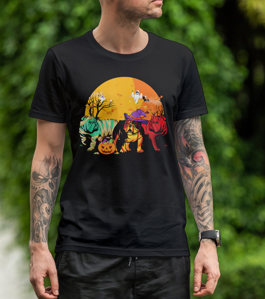 Halloween Funny English Bulldog Trio With Ghosts And Candy Pumpkin T-Shirt