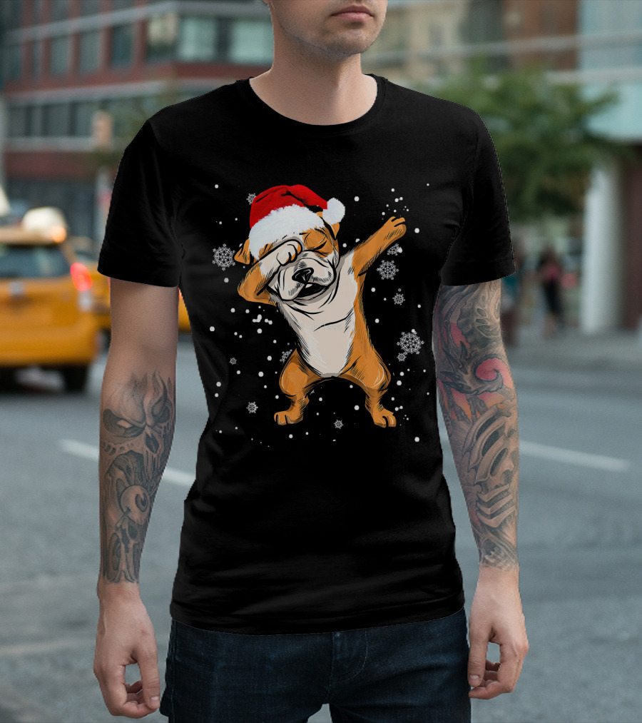 Santa English Bulldog Dabbing Christmas Snowflakes T-Shirt