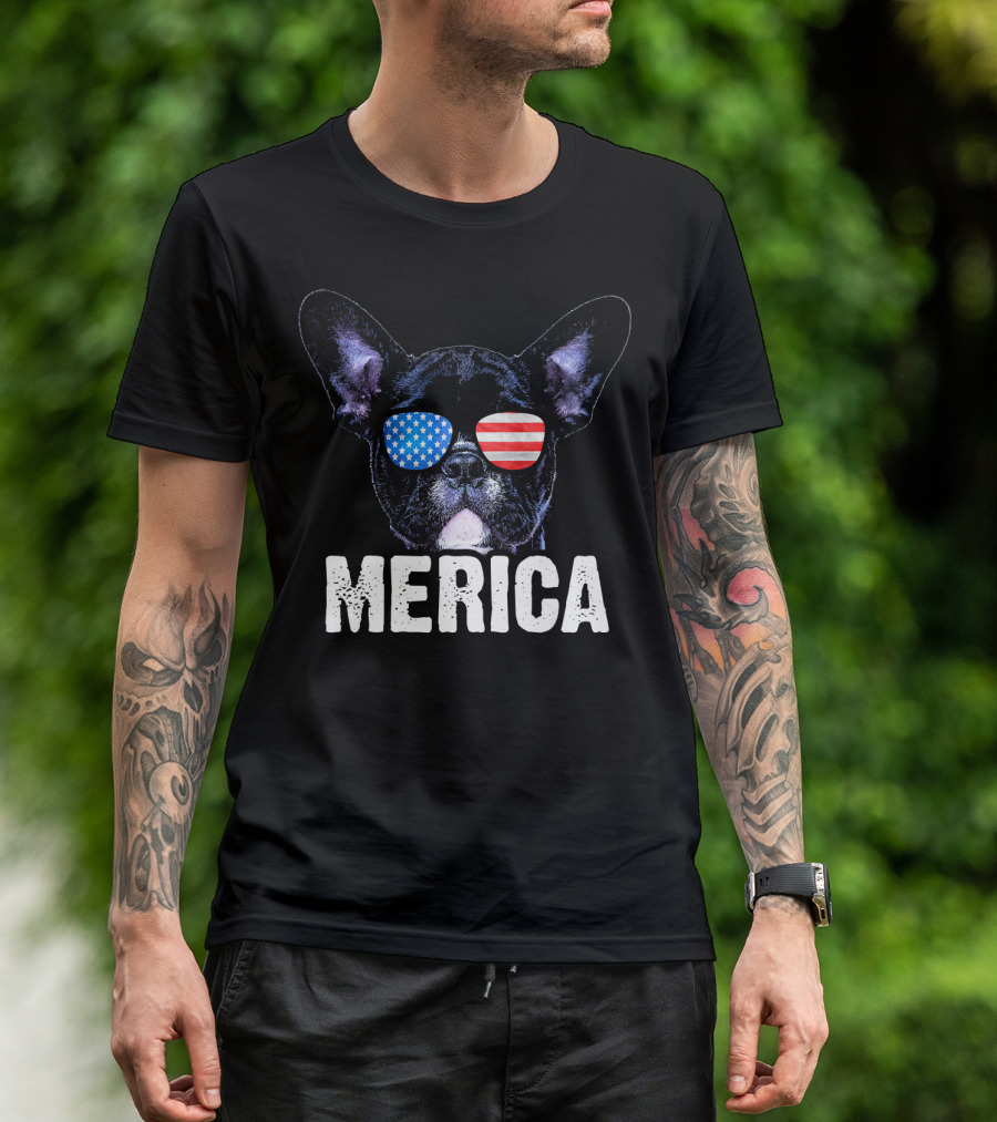 French Bulldog Merica USA American Flag Sunglasses T-Shirt