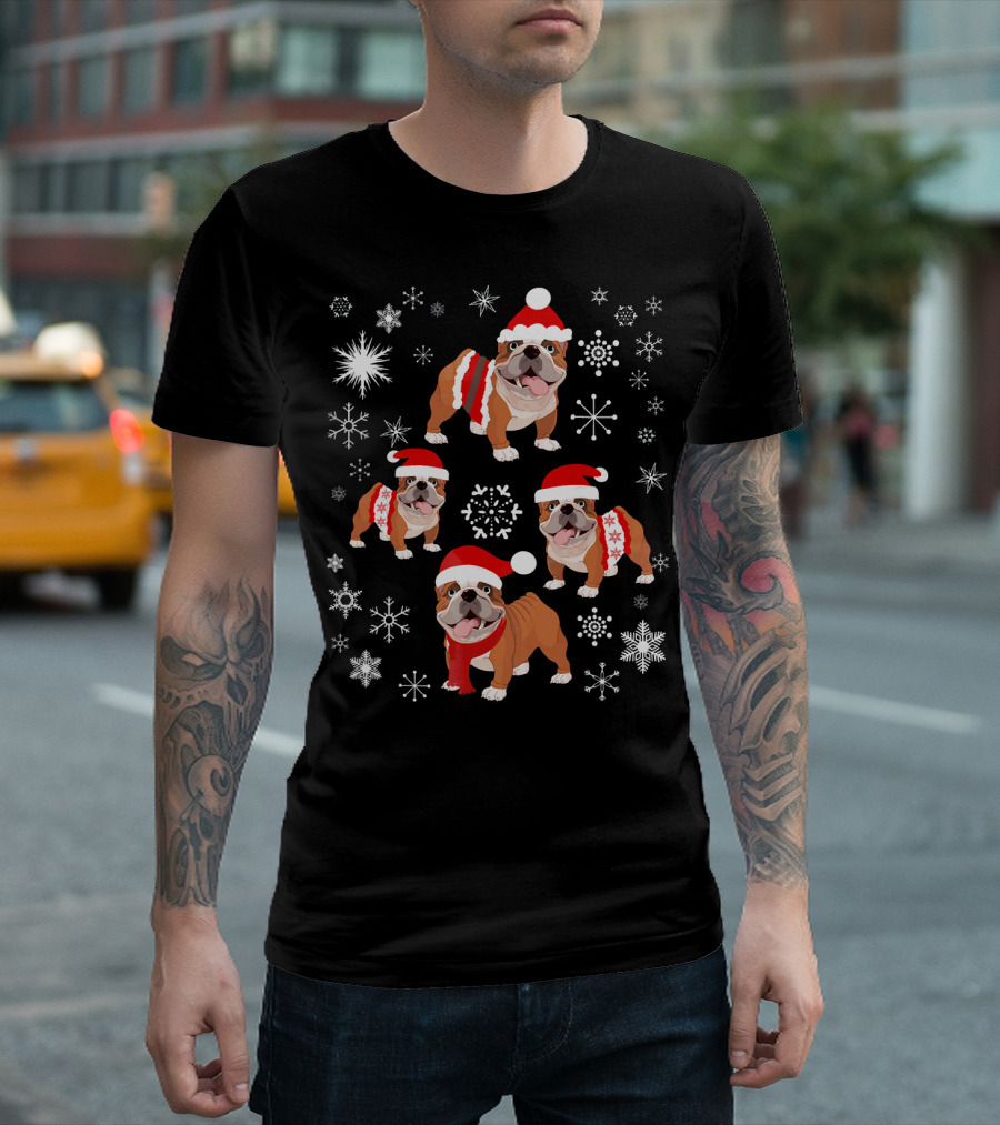 English Bulldog Christmas Santa Hat and Snowflakes T-Shirt