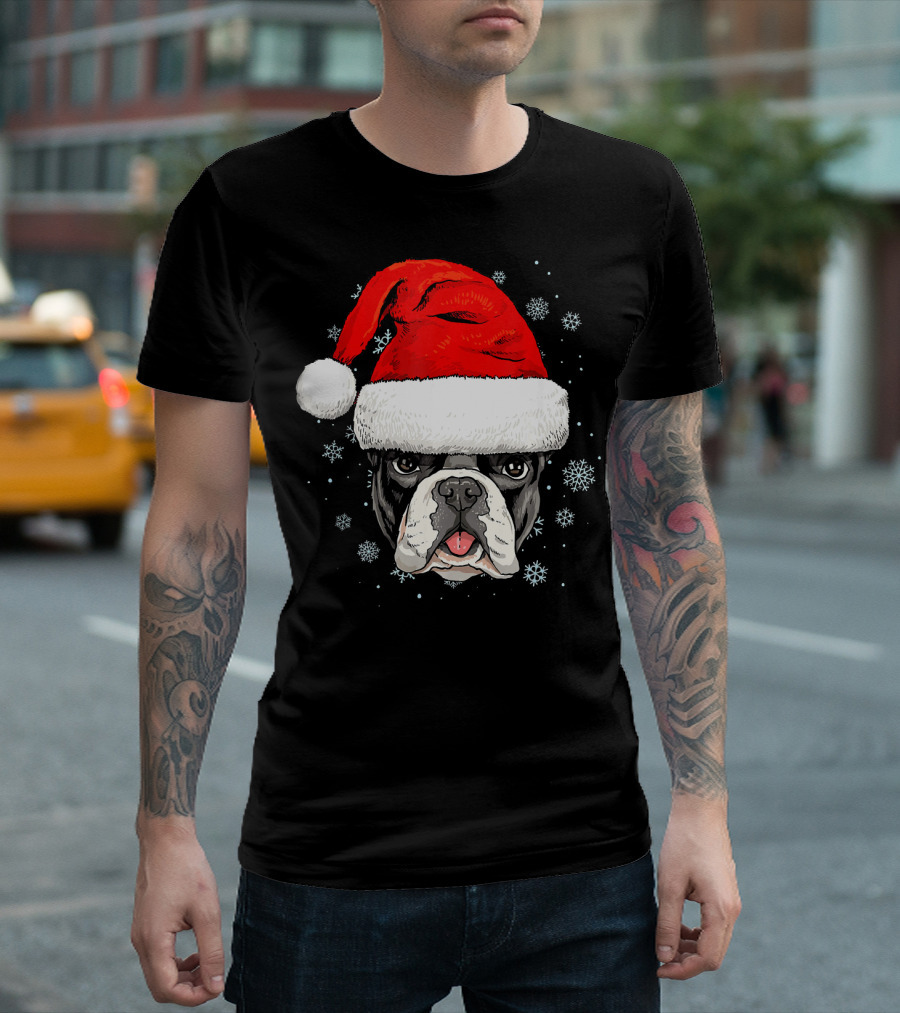 French Bulldog Wearing Santa Hat with Snowflakes T-Shirt