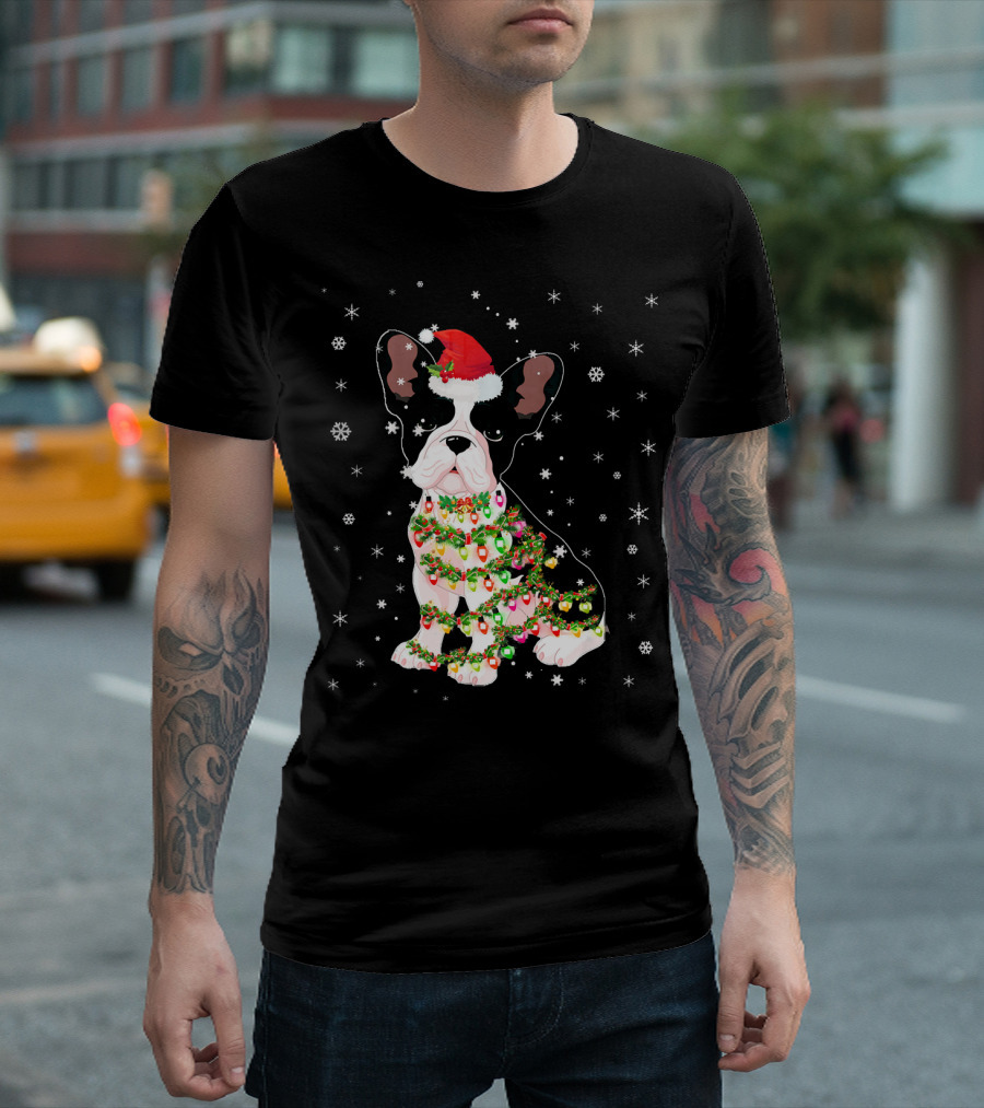 French Bulldog Christmas Lights Festive Santa Hat Snowflakes T-Shirt