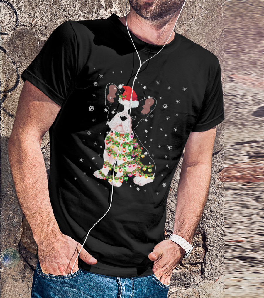 French Bulldog Christmas Lights Festive Santa Hat Snowflakes T-Shirt