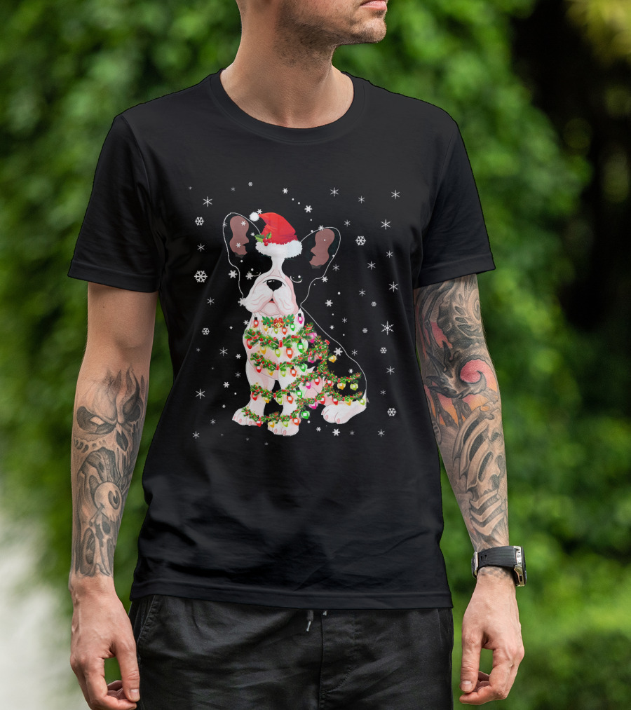 French Bulldog Christmas Lights Festive Santa Hat Snowflakes T-Shirt