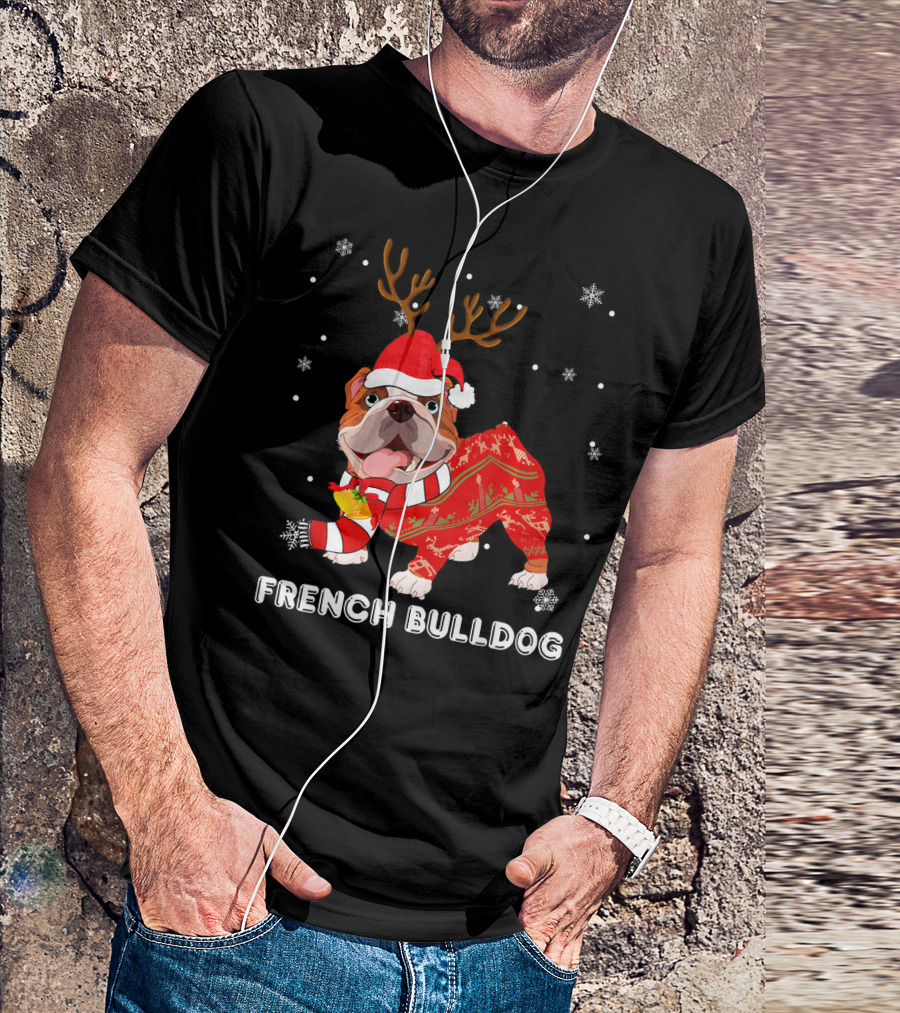 French Bulldog Santa Hat Reindeer Sweater Christmas Dog T-Shirt