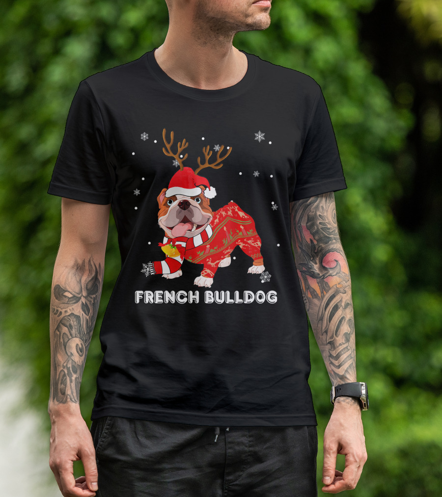 French Bulldog Santa Hat Reindeer Sweater Christmas Dog T-Shirt