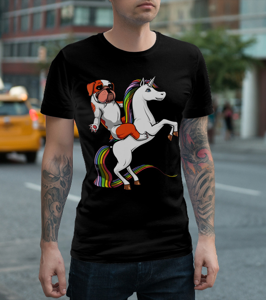 English Bulldog on Rainbow Unicorn Adventure T-Shirt