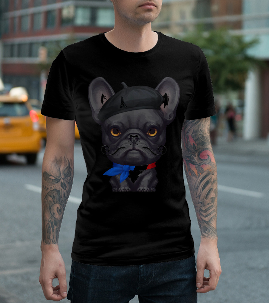French Bulldog with Beret and Mustache from Paris with Love T-Shirt