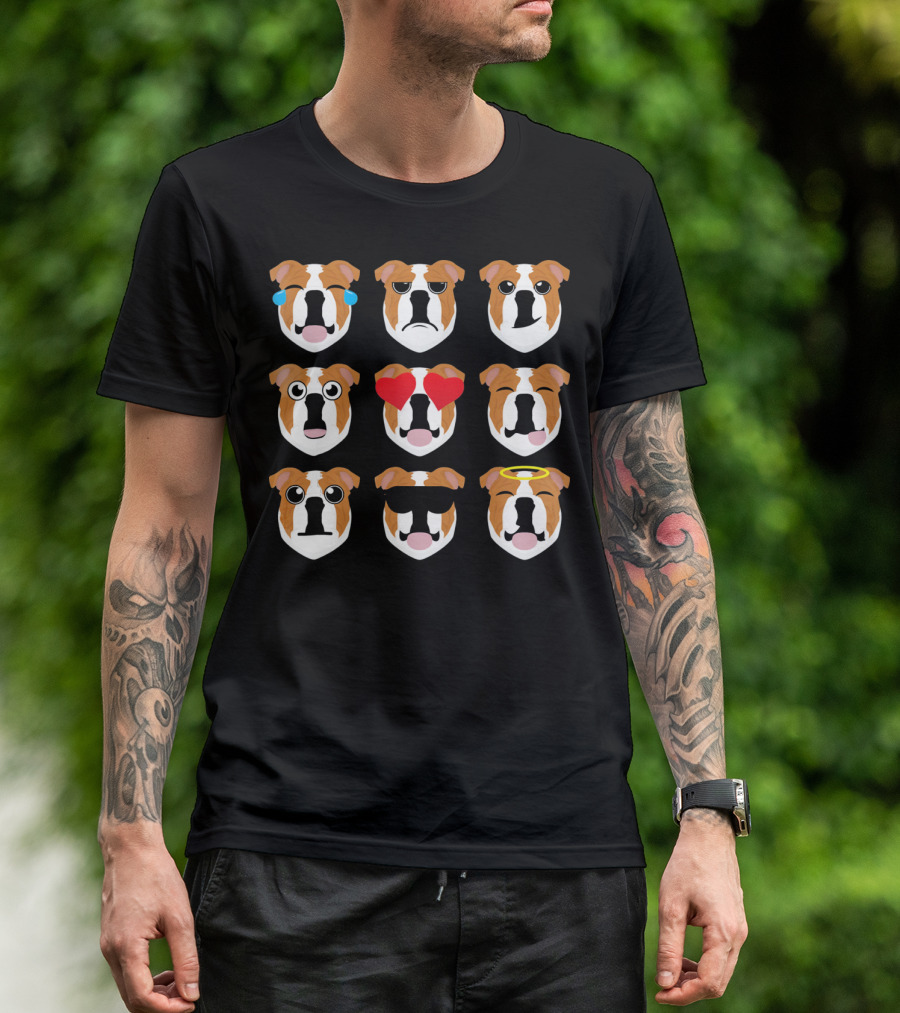 Funny Emo English Bulldog Faces With Emojis And French Bulldog Influence T-Shirt
