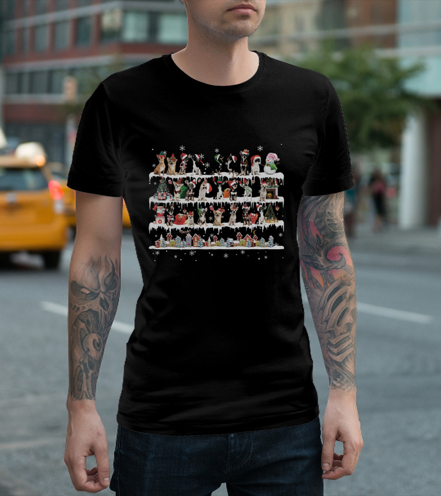 Chihuahua Christmas Santa Snowman Village with Snowflakes T-Shirt