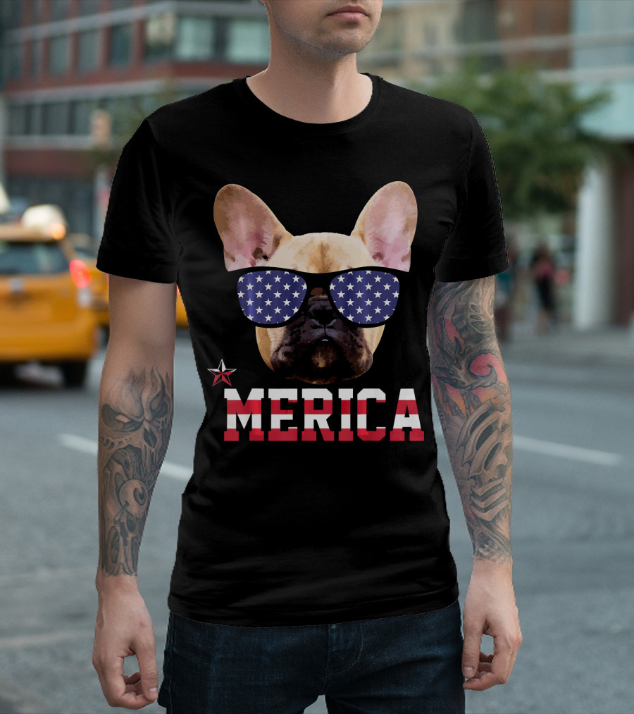 French Bulldog Merica With Patriotic Star Sunglasses T-Shirt