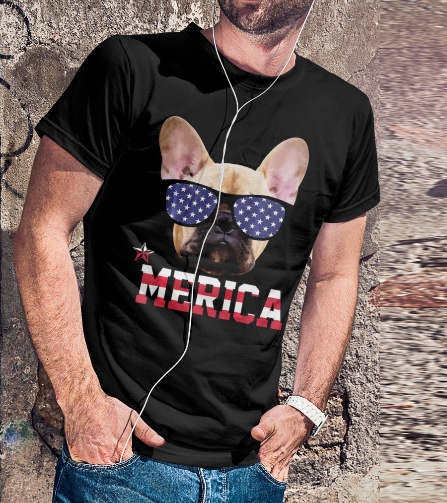 French Bulldog Merica With Patriotic Star Sunglasses T-Shirt