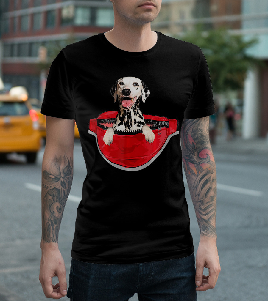 Funny Dalmatian Dog In Red Waist Pack Pocket T-Shirt
