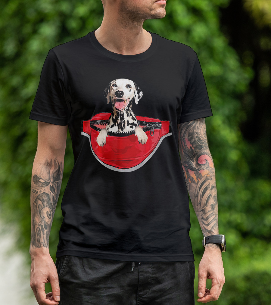 Funny Dalmatian Dog In Red Waist Pack Pocket T-Shirt