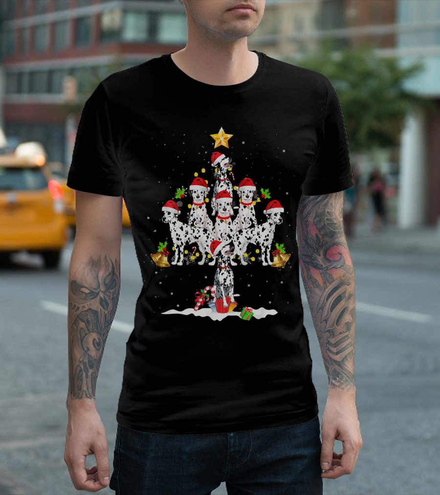 Funny Dalmatian Christmas Tree with Santa Hats and Gifts T-Shirt