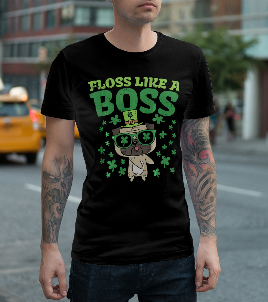Floss Like A Boss Pug St. Patrick's Day Clover Hat Glasses T-Shirt