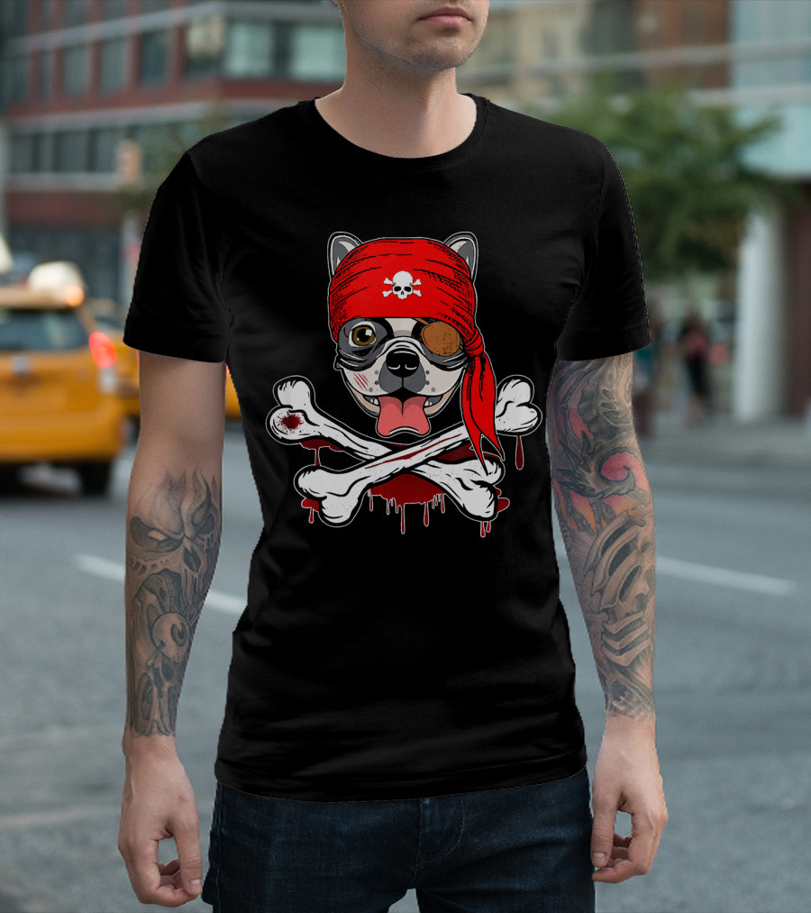 Pirate French Bulldog with Skull and Crossbones Bandana T-Shirt