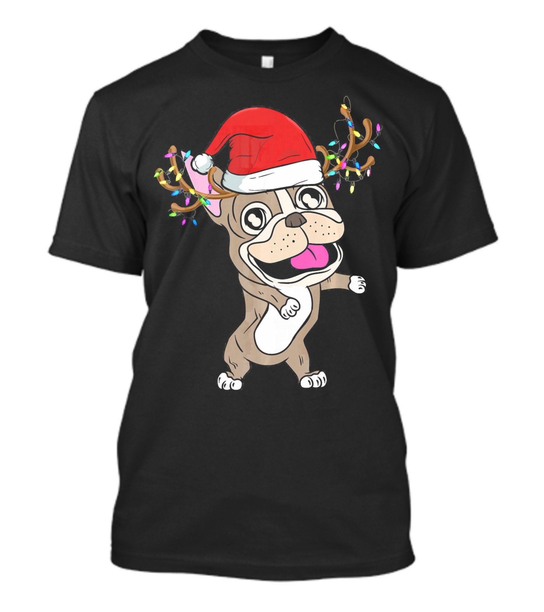 French Bulldog With Santa Hat And Reindeer Antlers Lights T-Shirt