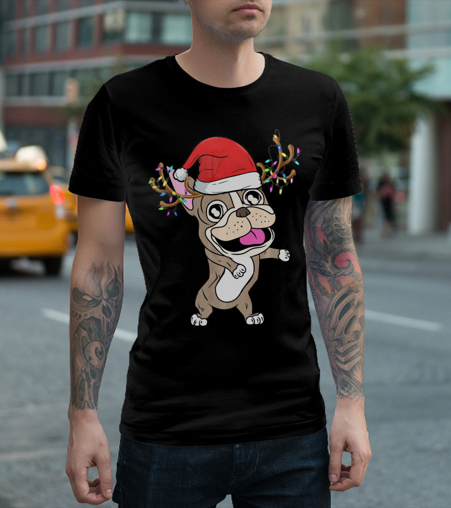 French Bulldog With Santa Hat And Reindeer Antlers Lights T-Shirt