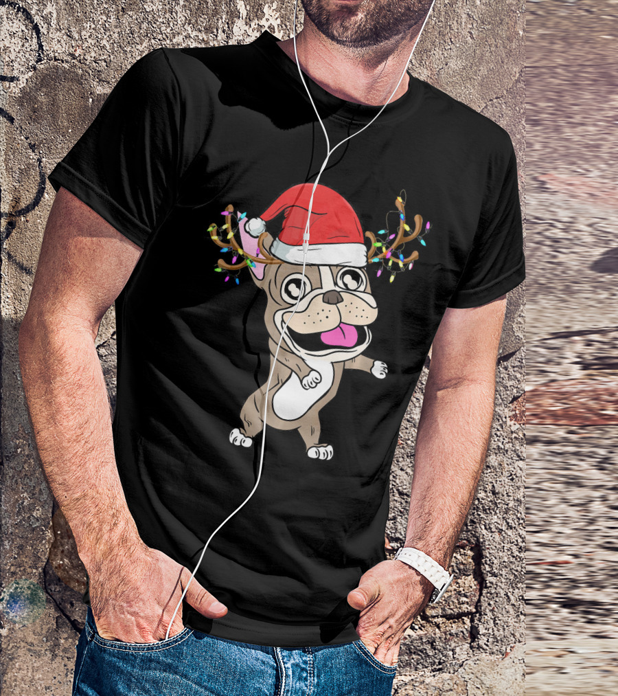 French Bulldog With Santa Hat And Reindeer Antlers Lights T-Shirt