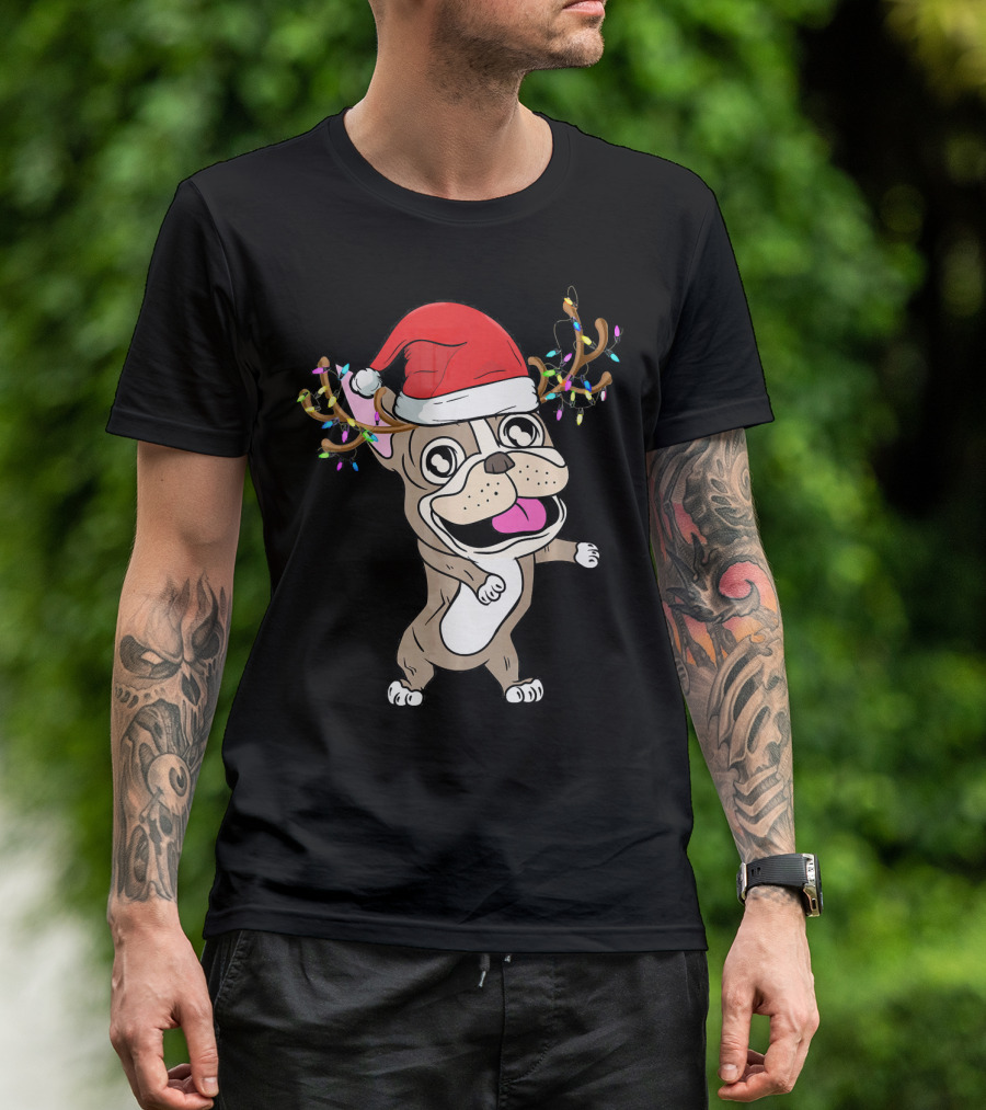 French Bulldog With Santa Hat And Reindeer Antlers Lights T-Shirt