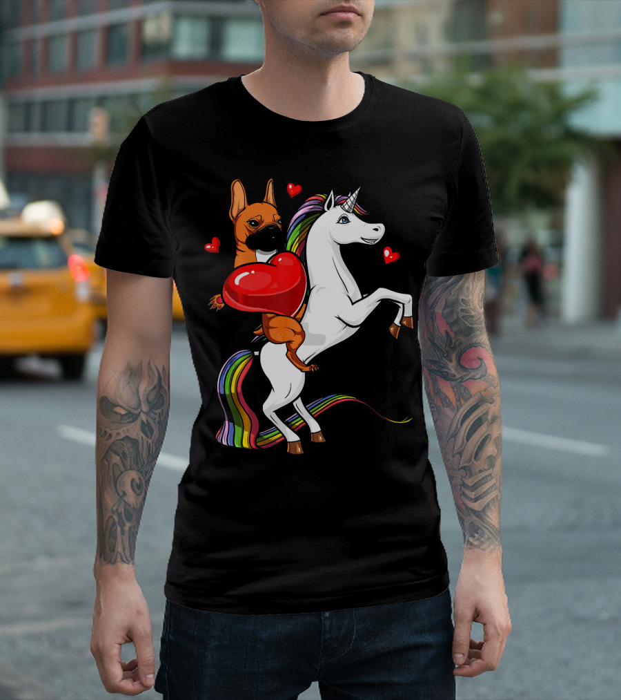 French Bulldog Holding Heart Riding Rainbow Unicorn Valentines T-Shirt