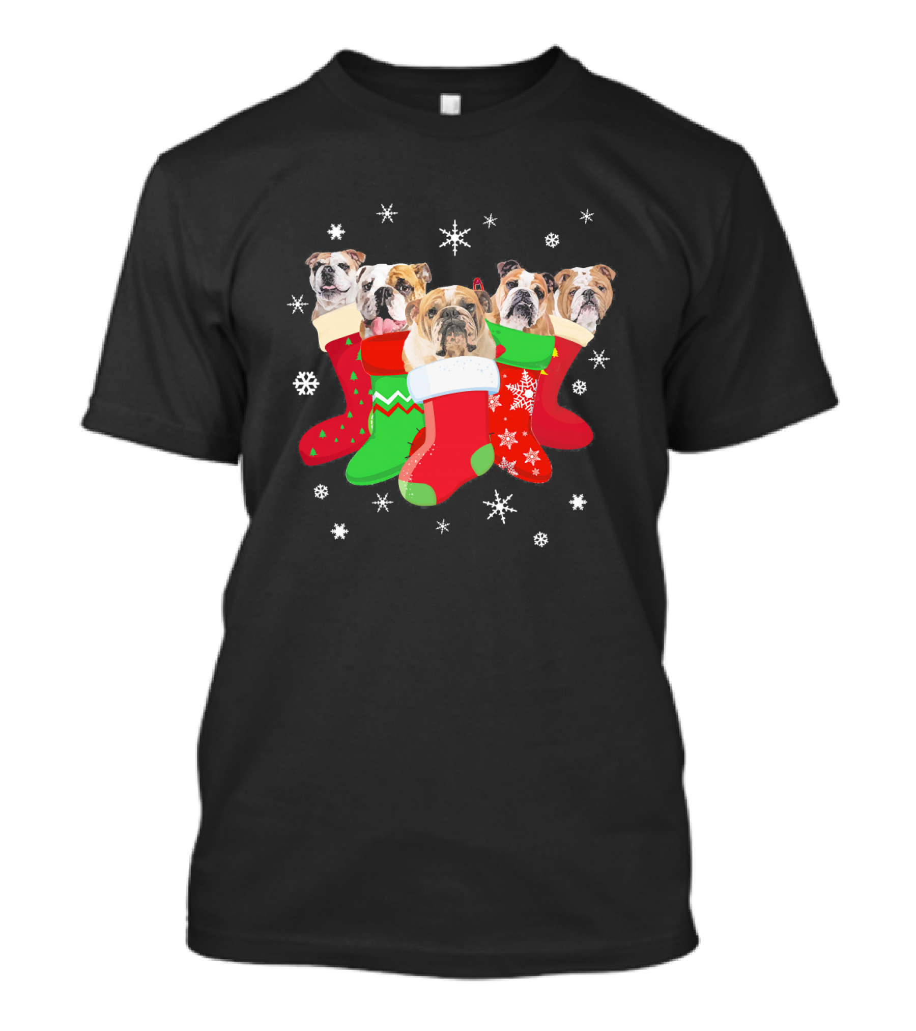 English Bulldog Christmas Stockings With Snowflakes And Festive T-Shirt
