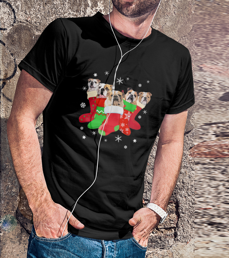English Bulldog Christmas Stockings With Snowflakes And Festive T-Shirt