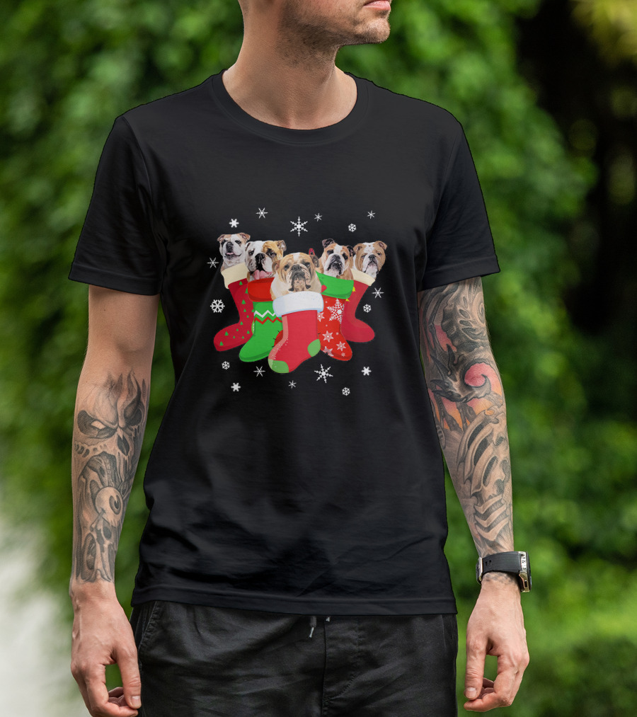English Bulldog Christmas Stockings With Snowflakes And Festive T-Shirt