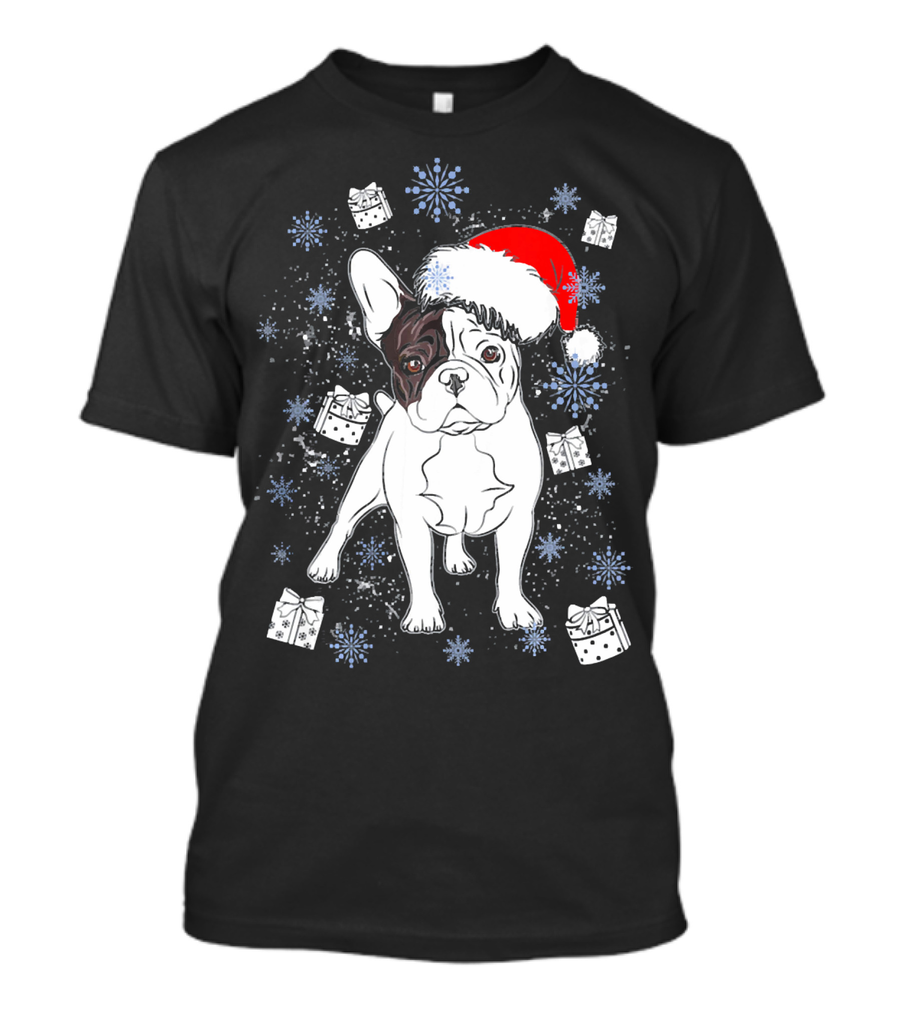French Bulldog Frenchie Santa Holiday Gifts And Snowflakes T-Shirt