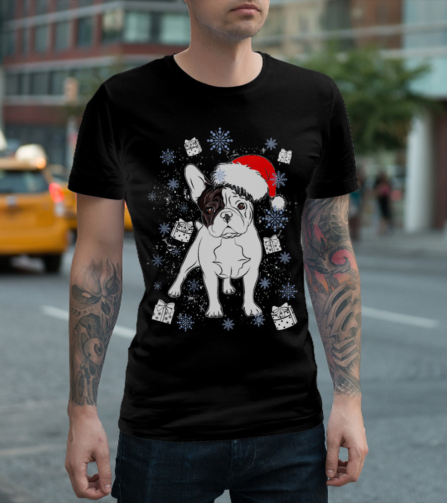 French Bulldog Frenchie Santa Holiday Gifts And Snowflakes T-Shirt
