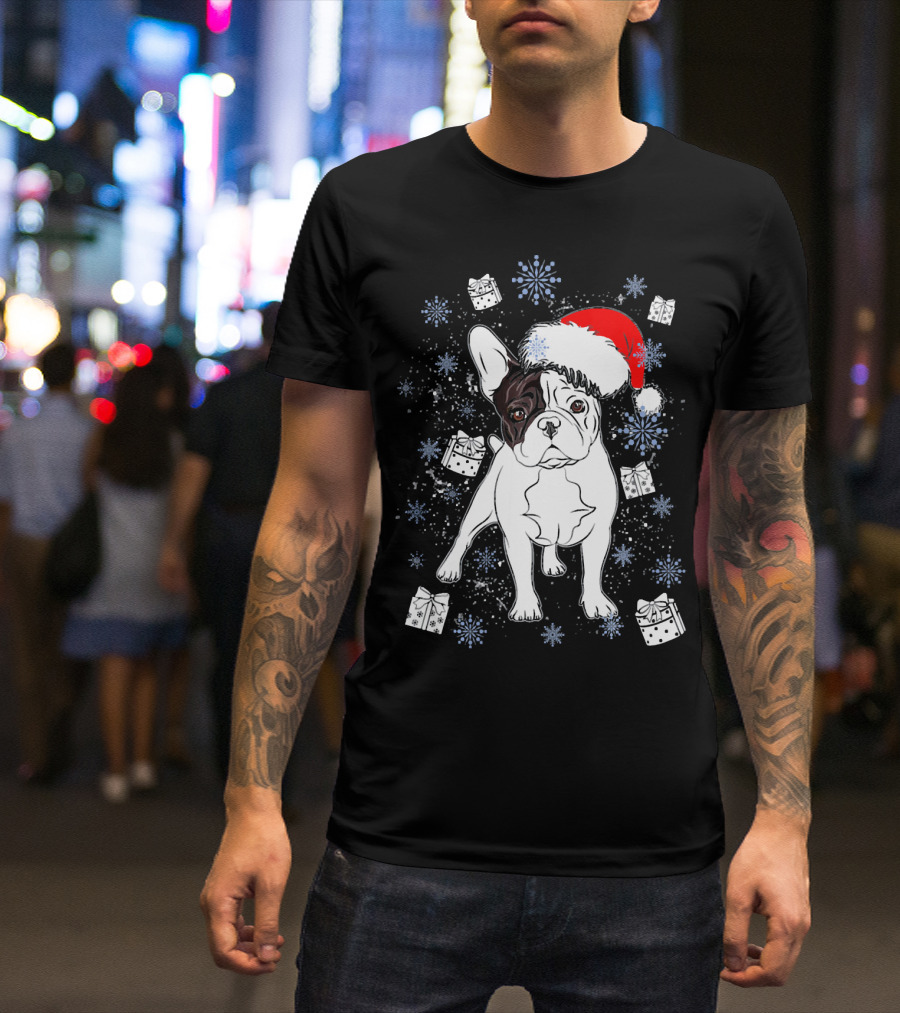 French Bulldog Frenchie Santa Holiday Gifts And Snowflakes T-Shirt