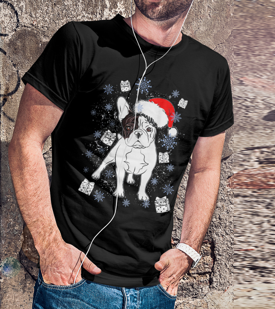 French Bulldog Frenchie Santa Holiday Gifts And Snowflakes T-Shirt