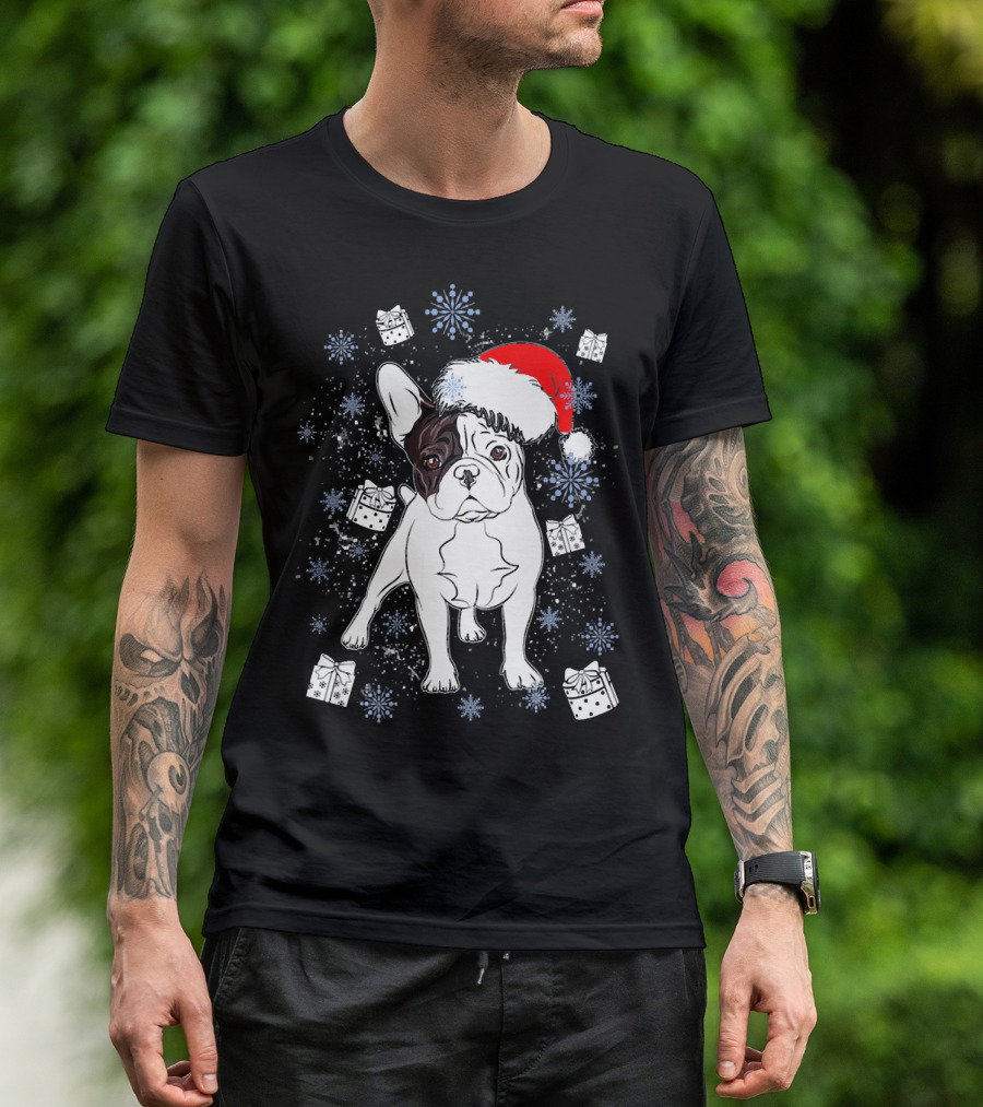 French Bulldog Frenchie Santa Holiday Gifts And Snowflakes T-Shirt