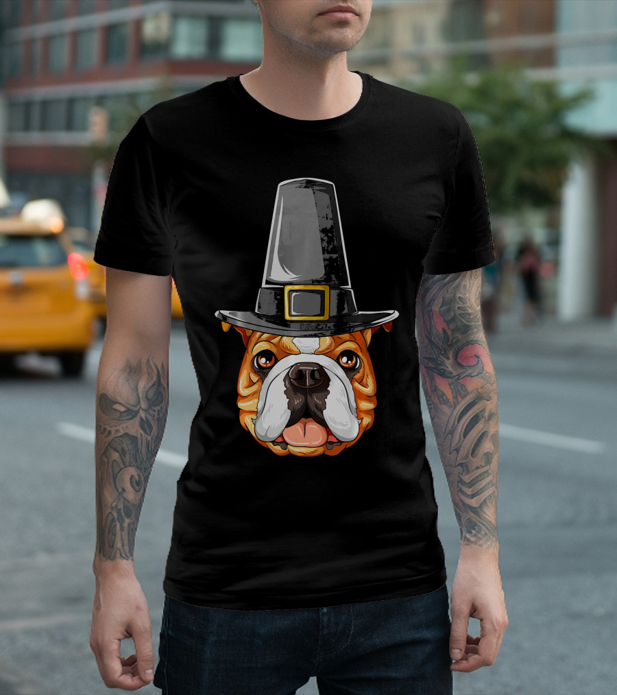 English Bulldog Thanksgiving Pilgrim Hat T-Shirt