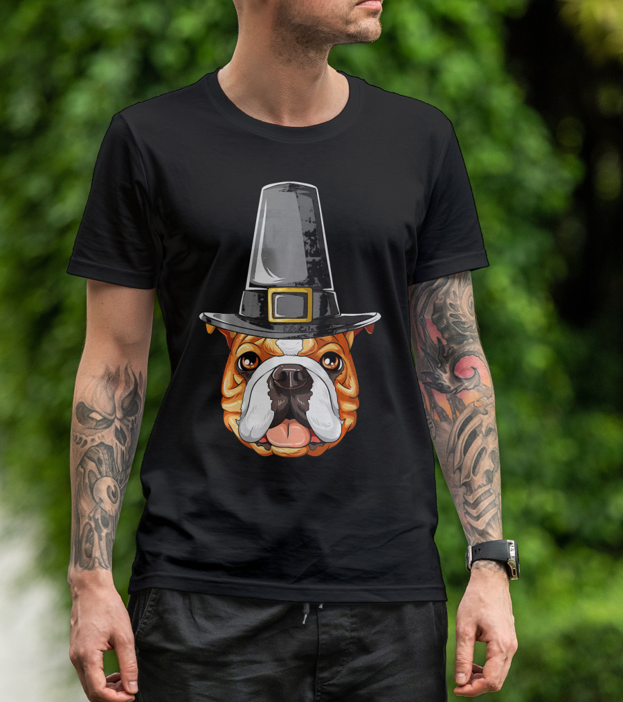English Bulldog Thanksgiving Pilgrim Hat T-Shirt