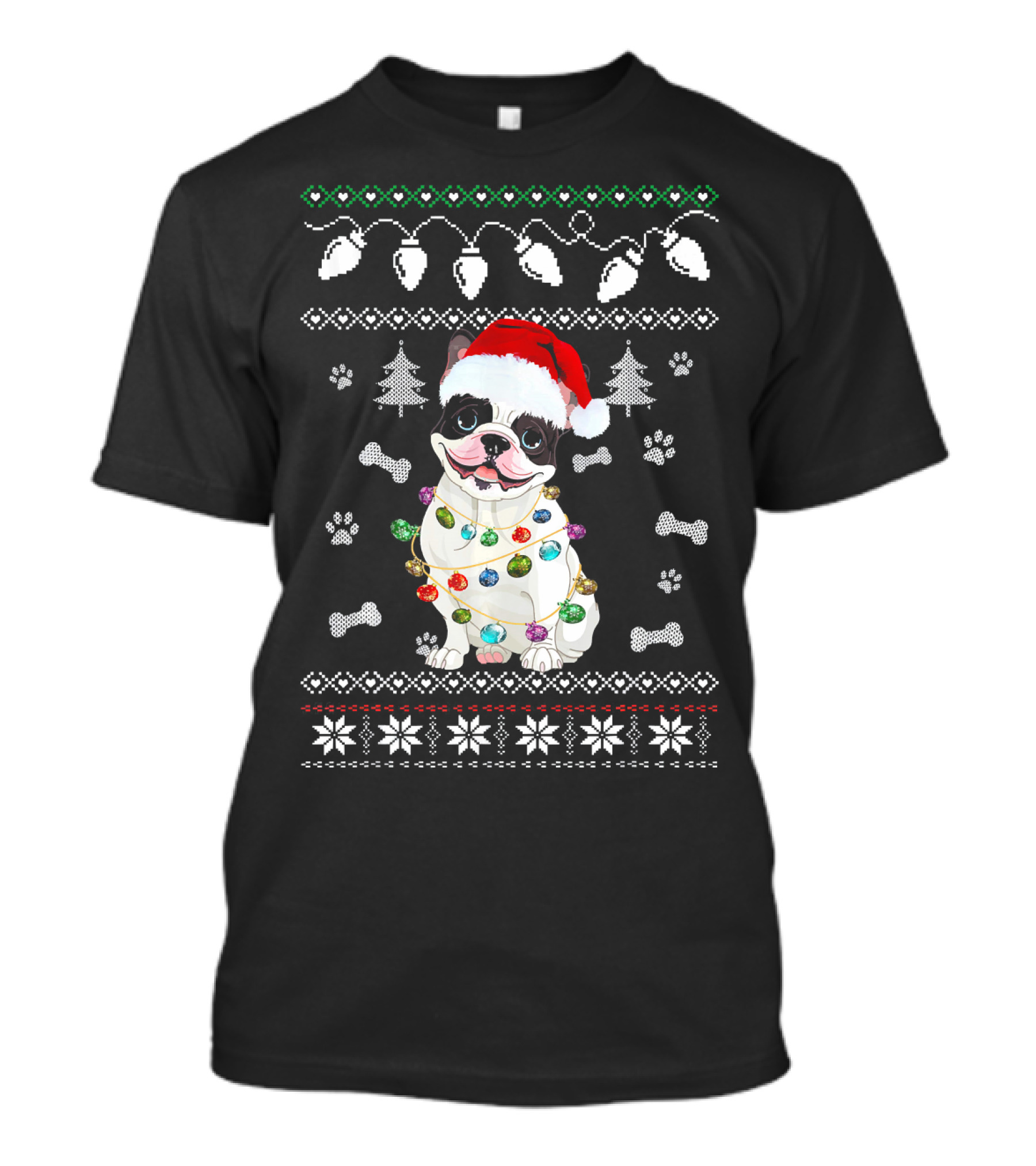 French Bulldog Christmas Lights Ugly Sweater With Santa Hat And Paw Prints T-Shirt