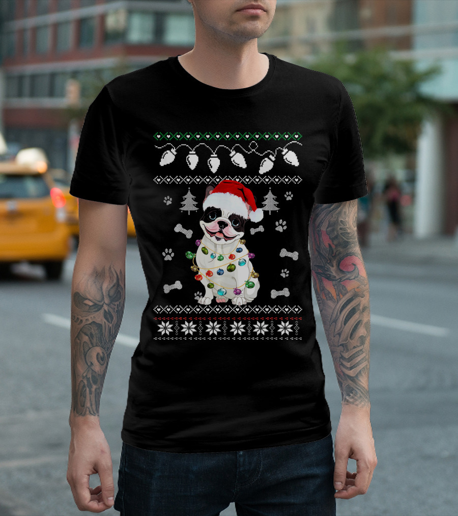 French Bulldog Christmas Lights Ugly Sweater With Santa Hat and Paw Prints T-Shirt