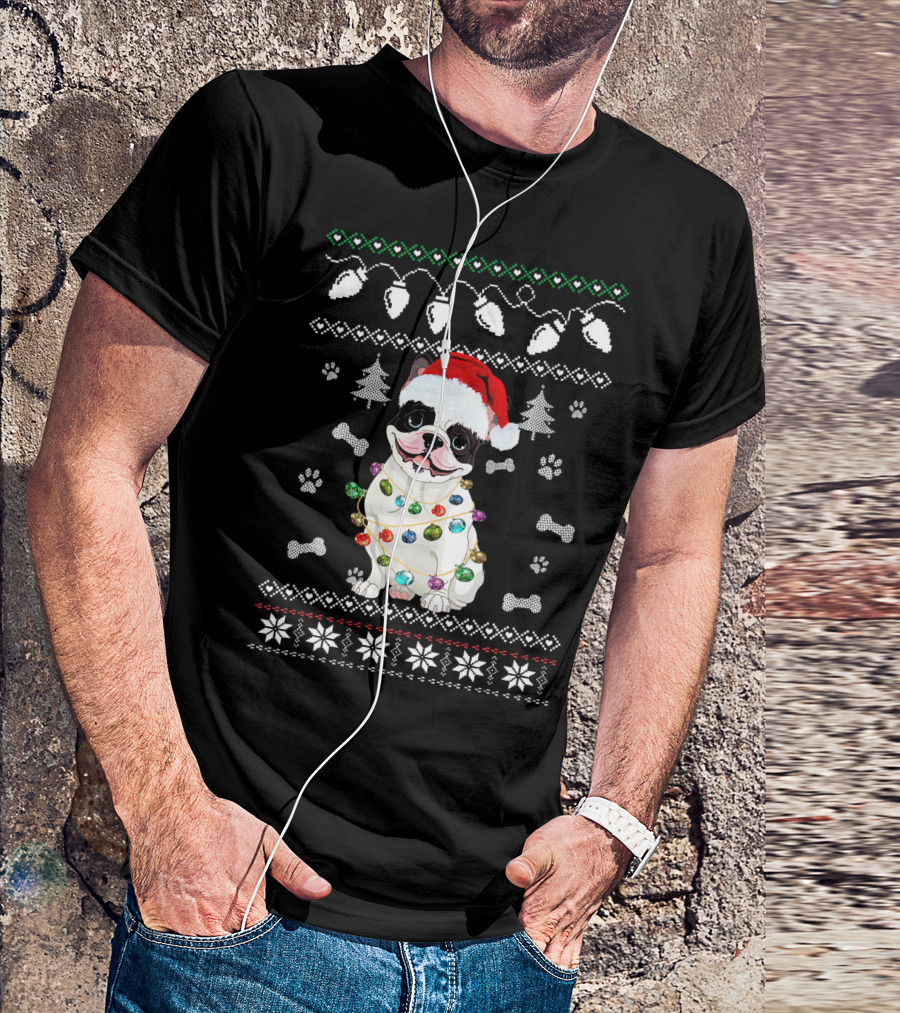 French Bulldog Christmas Lights Ugly Sweater With Santa Hat And Paw Prints T-Shirt