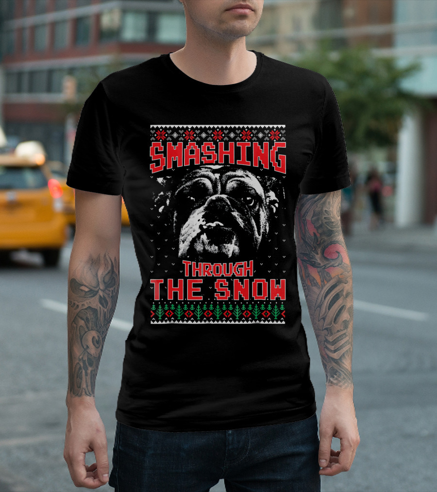 Smashing Through the Snow English Bulldog Christmas T-Shirt