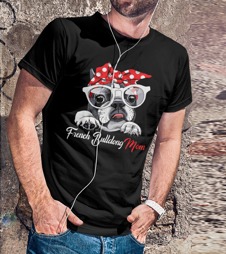 French Bulldog Mom With Red Polka Dot Bandana And Glasses T-Shirt