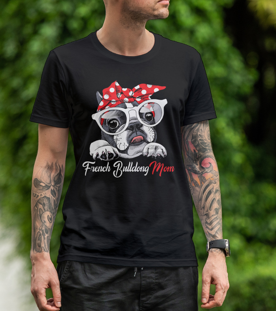 French Bulldog Mom With Red Polka Dot Bandana And Glasses T-Shirt