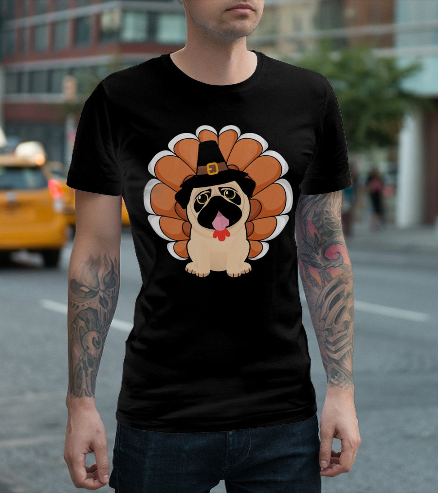 Thanksgiving Pilgrim Hat Pug With Turkey Feathers T-Shirt
